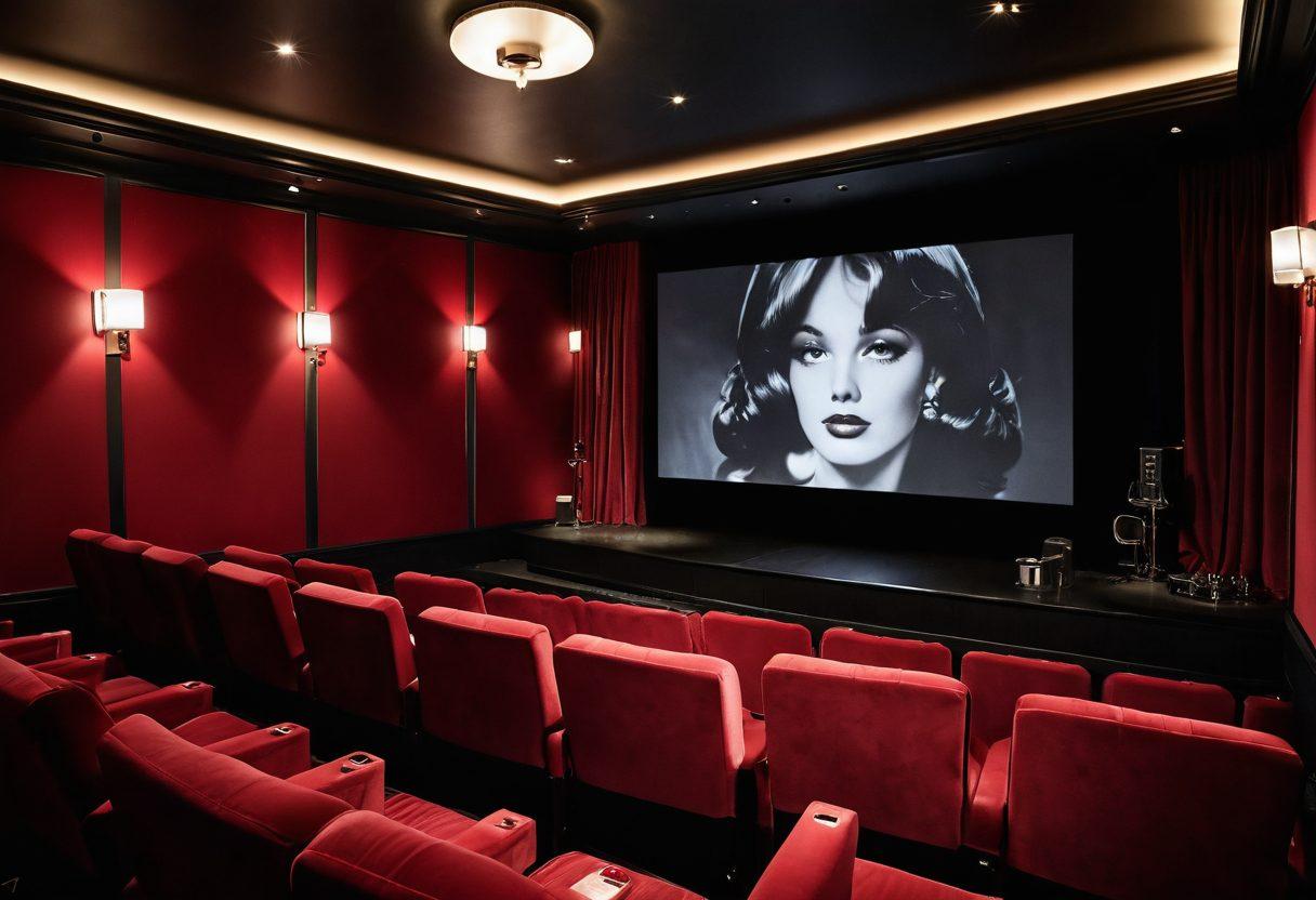 A stylish cinema setting featuring plush velvet seats with a spotlight illuminating a large screen displaying iconic erotic movie scenes. Surround the scene with decorative elements like film reels, popcorn, and seductive lighting accents. Include an audience of diverse, engaged viewers. The atmosphere should be enticing yet sophisticated, capturing the allure of erotic cinema. super-realistic. warm tones. ambient lighting.