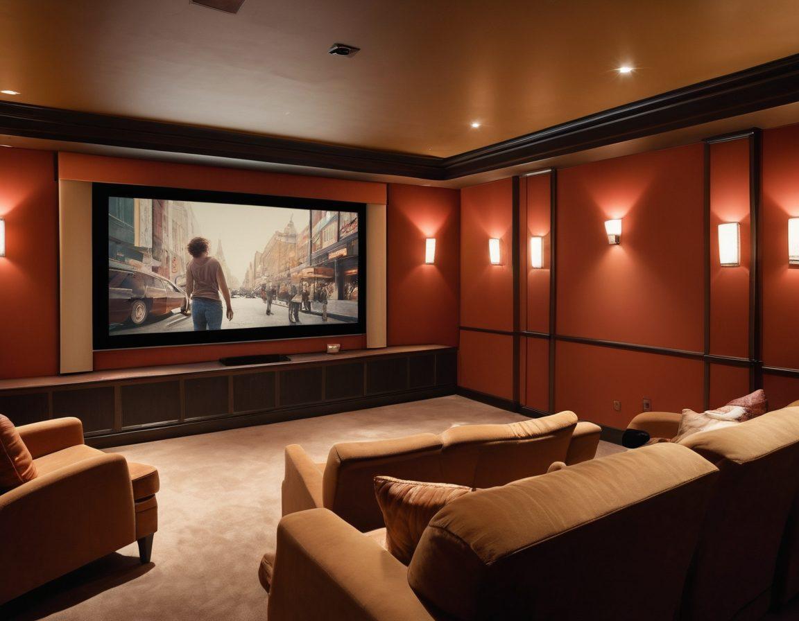 A cozy and inviting home theater setup with plush seating surrounded by dim, ambient lighting. A large screen displays an alluring film still with an abstract blend of sensual imagery. Accentuate the atmosphere with subtle touches like popcorn bowls and elegant decorative elements. The mood should invite curiosity and warmth, drawing viewers into the world of adult cinema. super-realistic. warm tones. soft focus.