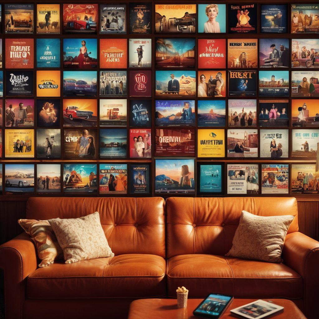 An inviting mosaic of film reels and streaming screens, blending classic adult film posters with modern releases. Various genres represented with playful hints of nostalgia, such as vintage-style cinema lights and digital streaming icons. A relaxed atmosphere with a cozy couch, popcorn, and a remote, showcasing the shift from traditional to digital. Artfully arranged elements surrounded by a soft glow, creating a welcoming ambiance. vibrant colors. super-realistic.